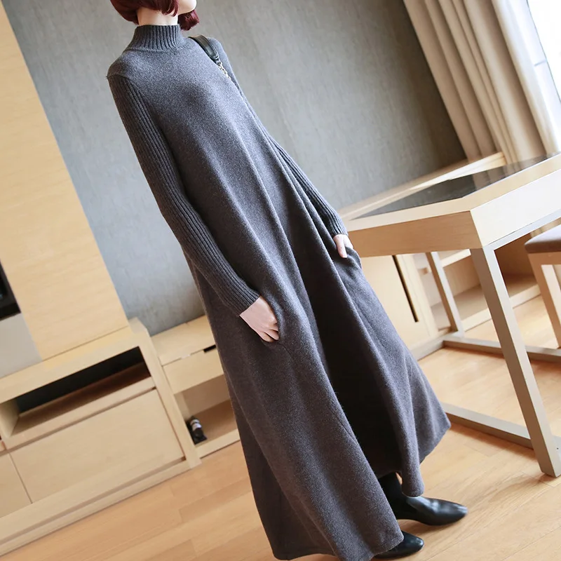 BKMGC Women Turtleneck Knitted Sweater Dress Autumn Winter Elegant Elastic Long Sleeve Thick Pullover Loose Long Warm Dress