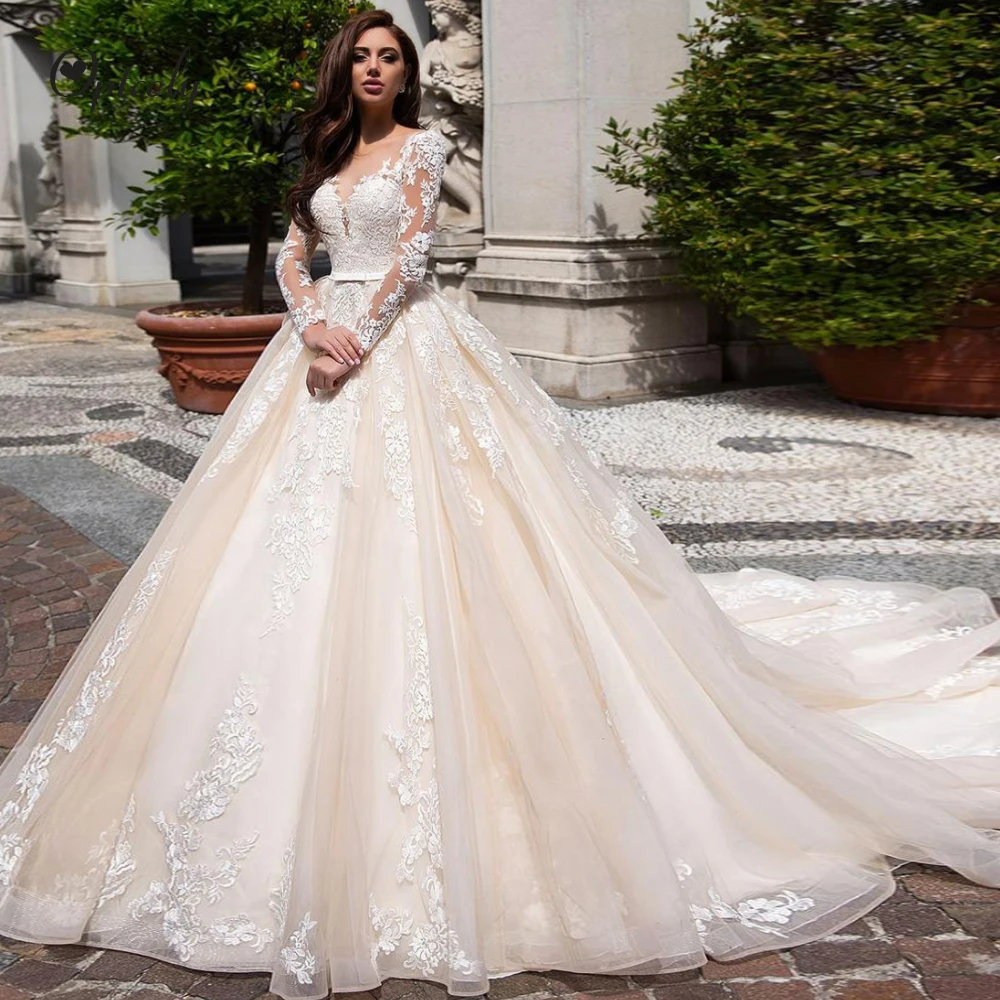 Optcely Vestido de Noiva сексуальное свадебное платье трапециевидной формы с v-образным вырезом и длинными рукавами, высококачественное платье с аппликацией в виде поезда, расшитое бисером, нарядное платье с шлейфом