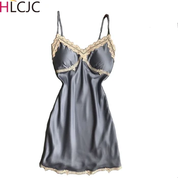 

Sexy Night Dress For Women Deep V Lace Sleepwear Lingerie Silk Nightgown Sleeveless Nightdress Nightwear Summer Homewear 2020
