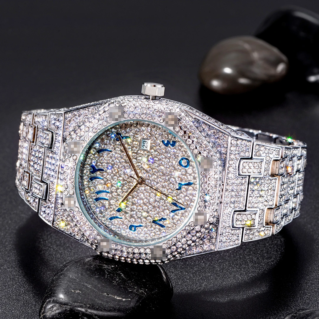 Hiphop MISSFOX Unique Arab Mens Watches Date Quartz Wristwatch Gold Silver Stainless Steel Luxury Diamond Watch For Men Jewelry top Quartz Watches