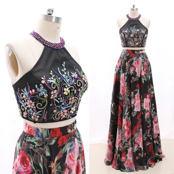 

MACloth Multi A-Line Halter Floor-Length Long Crystal Tulle Prom Dresses Dress L 268685 Clearance