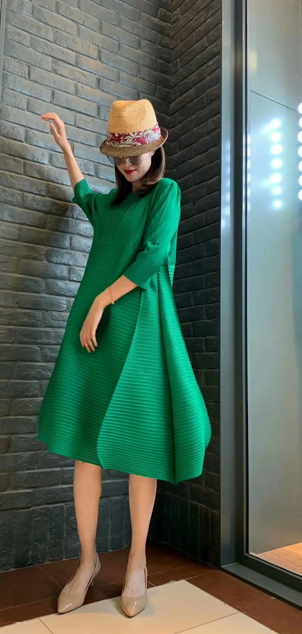 Горячая Miyake fold в женское леопардовое платье с круглым вырезом три четверти рукав бутон платье