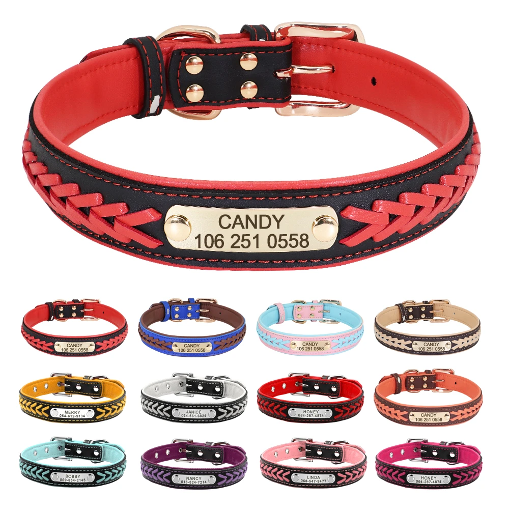 cool dog collars Personalized Dog Collar Leather Padded Dogs Braided Collars Free Engraving Pet ID Tag Nameplate for Small Medium Large Dogs leather dog collars
