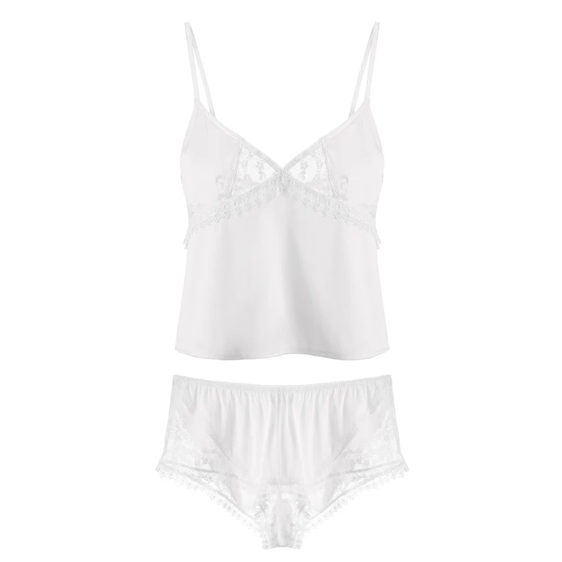 Женская атласная кружевная Пижама комплект из 2 предметов: топ на подтяжках и