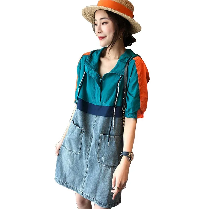 

2021 New Summer Denim Dress women Fashion hooded short sleeve Patchwork Loose Dresses vestidos Fake two Women Clothing NZ015