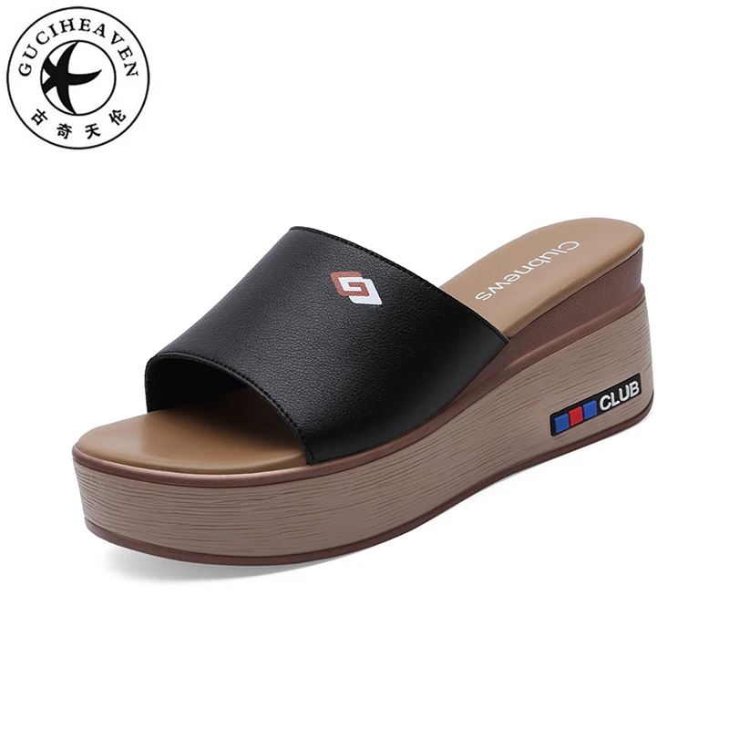 

2019 Summer New Wedges Beach Party Women Sandals Lady Fashion Causal Black White Slippers Heel 7cm High Quaity Slippers