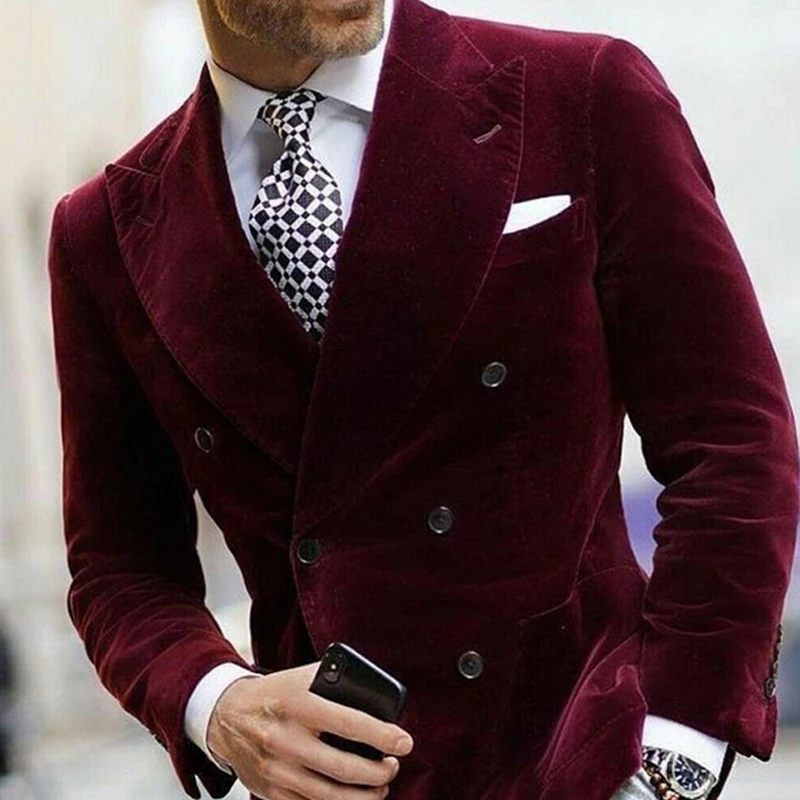 Burgundy Double Breasted Velvet Mens 
