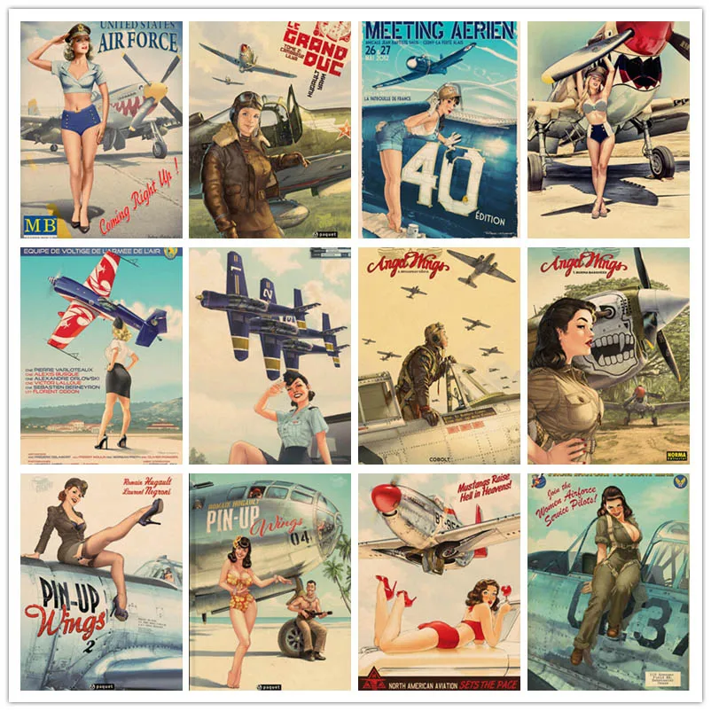 Perfect JL World War II Aircraft and Beauty girl Home Retro Poster Kraft Drawing core Wall stickers FJMV01 | Дом и сад