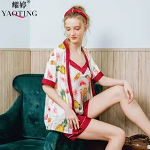 YAO TING/Новинка; Шелковая пижама; сезон лето; Шелковая пижама с тонкими лямками; халат из трех предметов