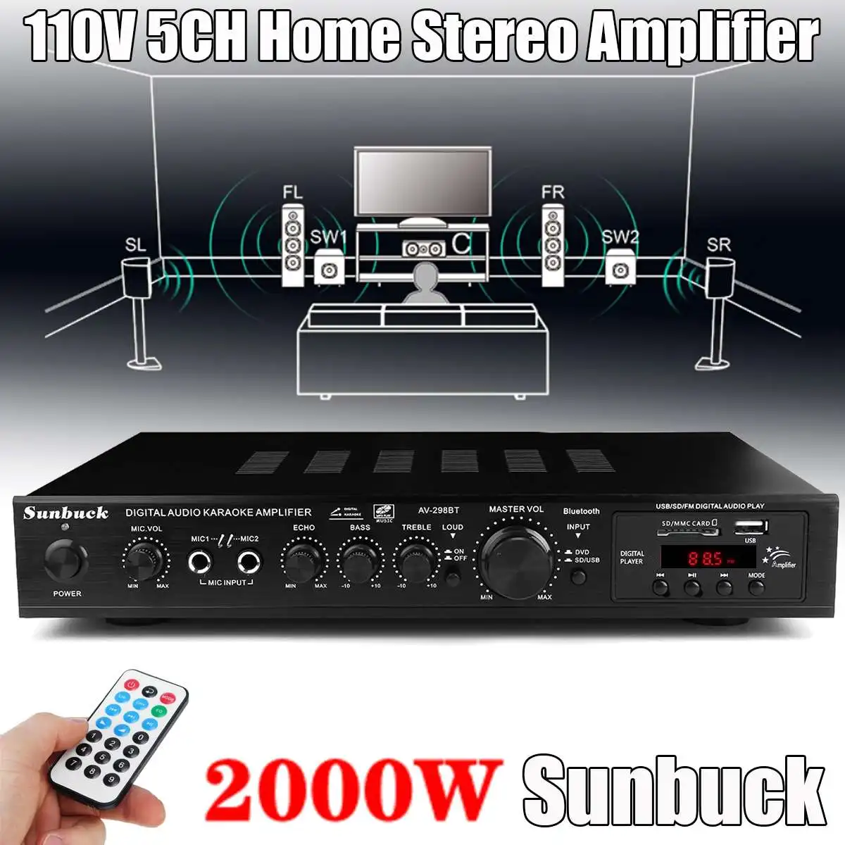 streaming amplifier 2000W 5CH Bluetooth Stereo AV Power Surround Bass 110V Car Audio Subwoofer Speakers LED Digital Amplifier for Karaoke Cinema surround sound amplifier