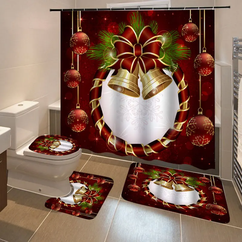 

4 Pcs Christmas Printed Bath Screen Shower Curtain Waterproof Anti Slip Bath Curtain Toilet Cushion Set Bath Floor Cushion