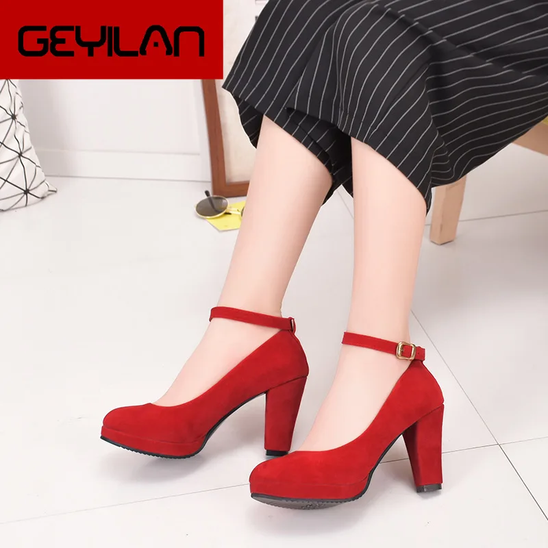 

Red Ankle Strap 9CM High heels Autumn Flock Round toe High heels Female Platform Summer Shoes Women Pumps Sandals Muje jkm89