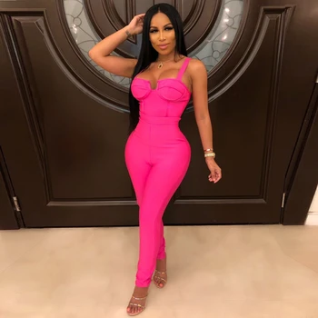 

2019 New Summer Spaghetti Strap Black Blue Rose Red Sexy V Neck Bandage Jumpsuit Verano Backless Women Good Quality Wholesale