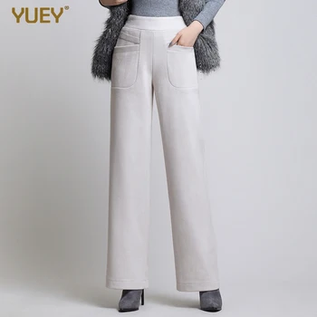 

Women woolen pants straight slim elastic band waist high waist loose big yards warm flat trousers plus size 6XL