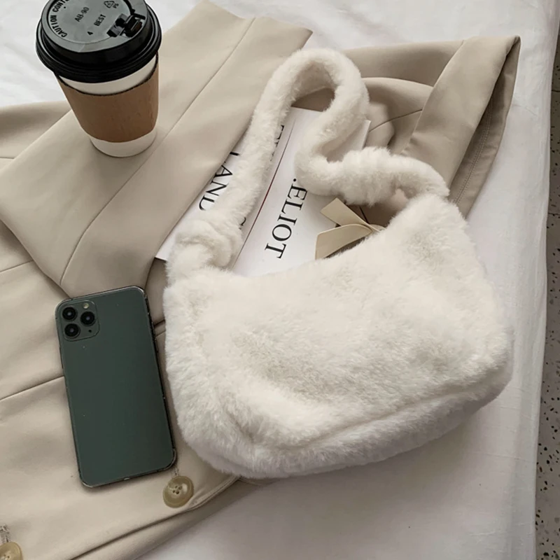 Simple Design Women Soft Plush Shoulder Hobos Bags Winter Furry Ladies Clutch Handbag and Purse Fashion Underarm  Bag