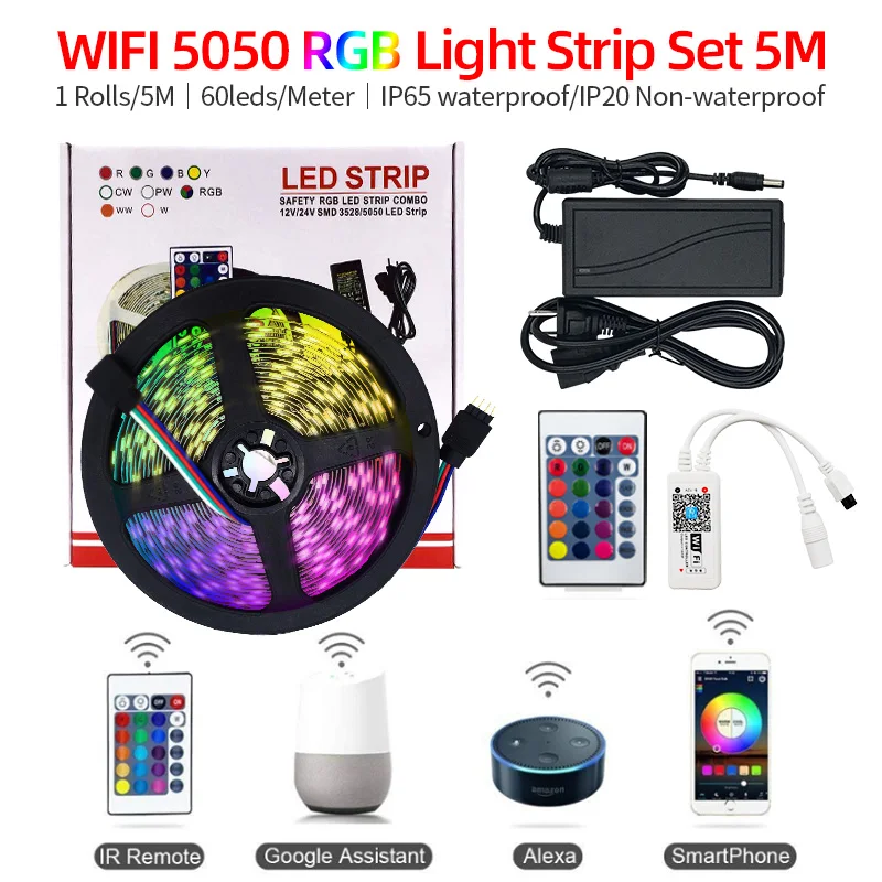 

LED Light With 5050RGB 5M Seven Color Intelligent WiFi Waterproof Light Strip Mobile Phone App Voice Control Package