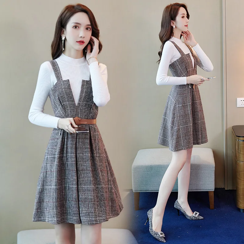 

Strap Dress WOMEN'S Suit 2019 Spring And Autumn New Style Graceful Elegant Fashion Pattern Woolen Dress Two-Piece Set