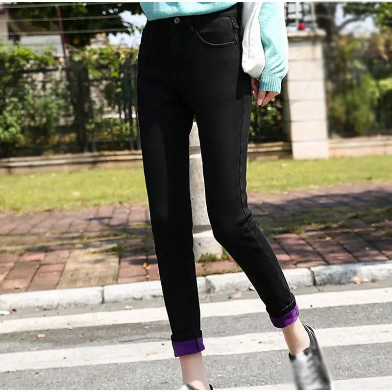 Plus Size Warm Fleece Stretch Skiny Long Jeans 3Xl 4Xl Winter Thick Velvet Pencil Pants For Women Mom Jean Pantalon Femme