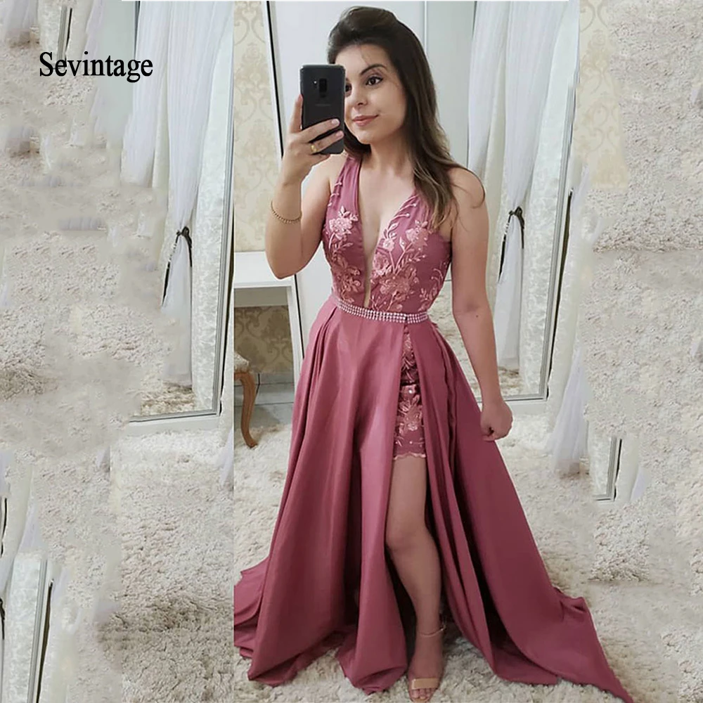 Sevintage vestido de noche de dos piezas con cola vestido de fiesta Formal con cuello en V, Apliques de encaje, perlas, para baile de graduación|Vestidos de noche| - AliExpress