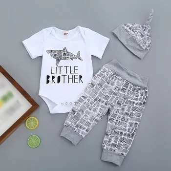 

Baby Boy Romper Sets Summer Casual Short Sleeve Rompers Cute Animal Letters Print Jumpsuit Striped Trousers Free Hat Outfits