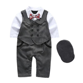 

Newborn Baby Boy Romper Bow Hat Clothes Striped Boys Hat Romper 2 Piece/set Long Sleeve Formal