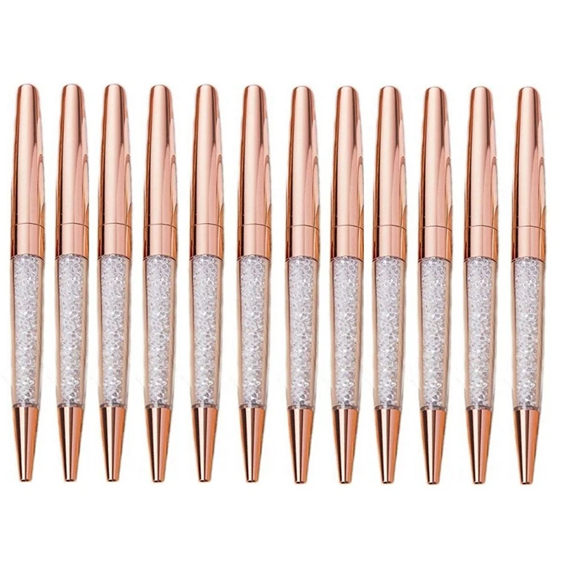 

10Pcs/Lot Pen Bling Diamond Pens Fine Black Ink Crystal Ballpoint Pen Ring Wedding Office Metal Roller Ball Pen Gift