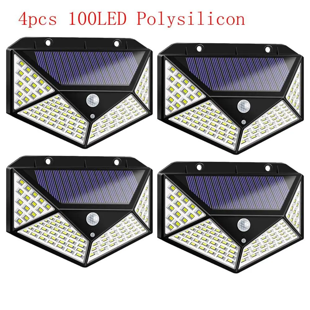 100/114LED 4-стороннее Солнечный PowerLight 3 режима 120 градусов угол движения Сенсор стенная солнечна лампа на открытом воздухе Водонепроницаемый шланг для полива огорода, двора, лампы - Испускаемый цвет: 100 LED Polysilicon