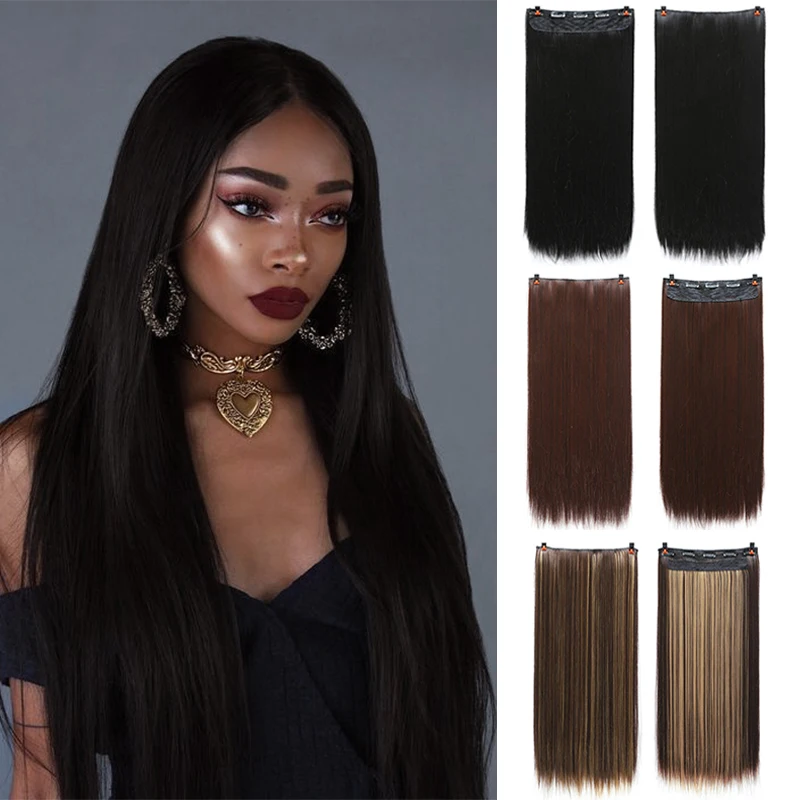 XUANGUNAG 5 clips Long Straight Wavy wig Women Synthetic Heat Resistant