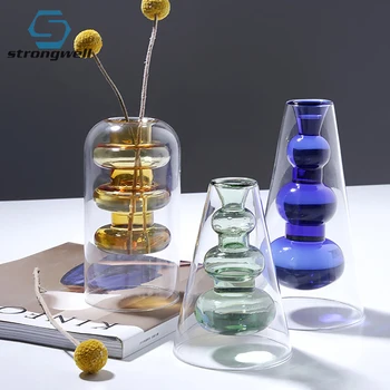 

Strongwell Nordic Double Layer Glass Vases Desktop Decor Hydroponics Transparant Flower Vase Home Decoration Wedding Gift