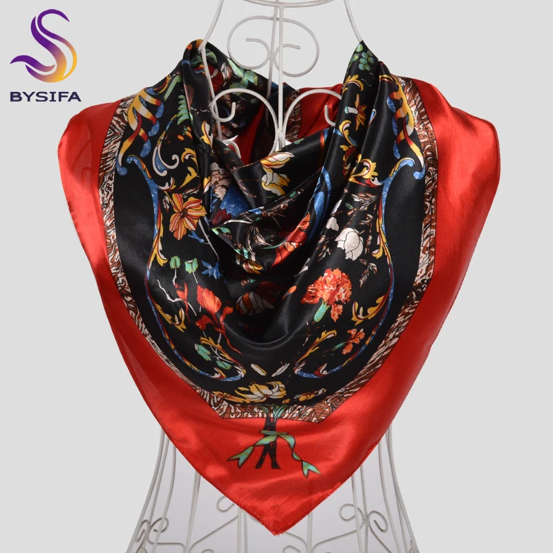 

[BYSIFA] Red Black Women Silk Scarf Shawl Fashion Accessories Brand Floral Satin Square Scarves Hijabs Muslim Ladies Head Scarf