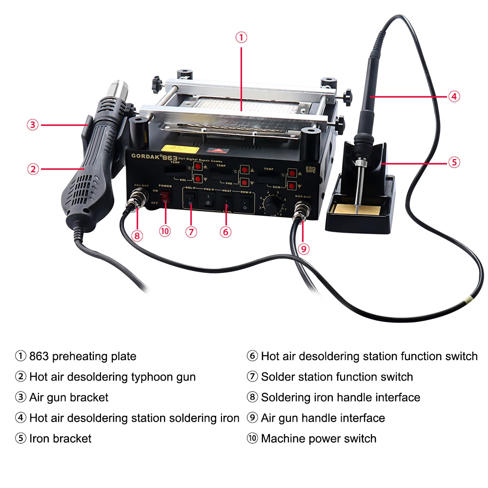 Gordak 863 3 в 1 Тепловая пушка Digita с горячим воздухом паяльная станция BGA+ Электрический паяльник+ Инфракрасная станция предварительного нагрева