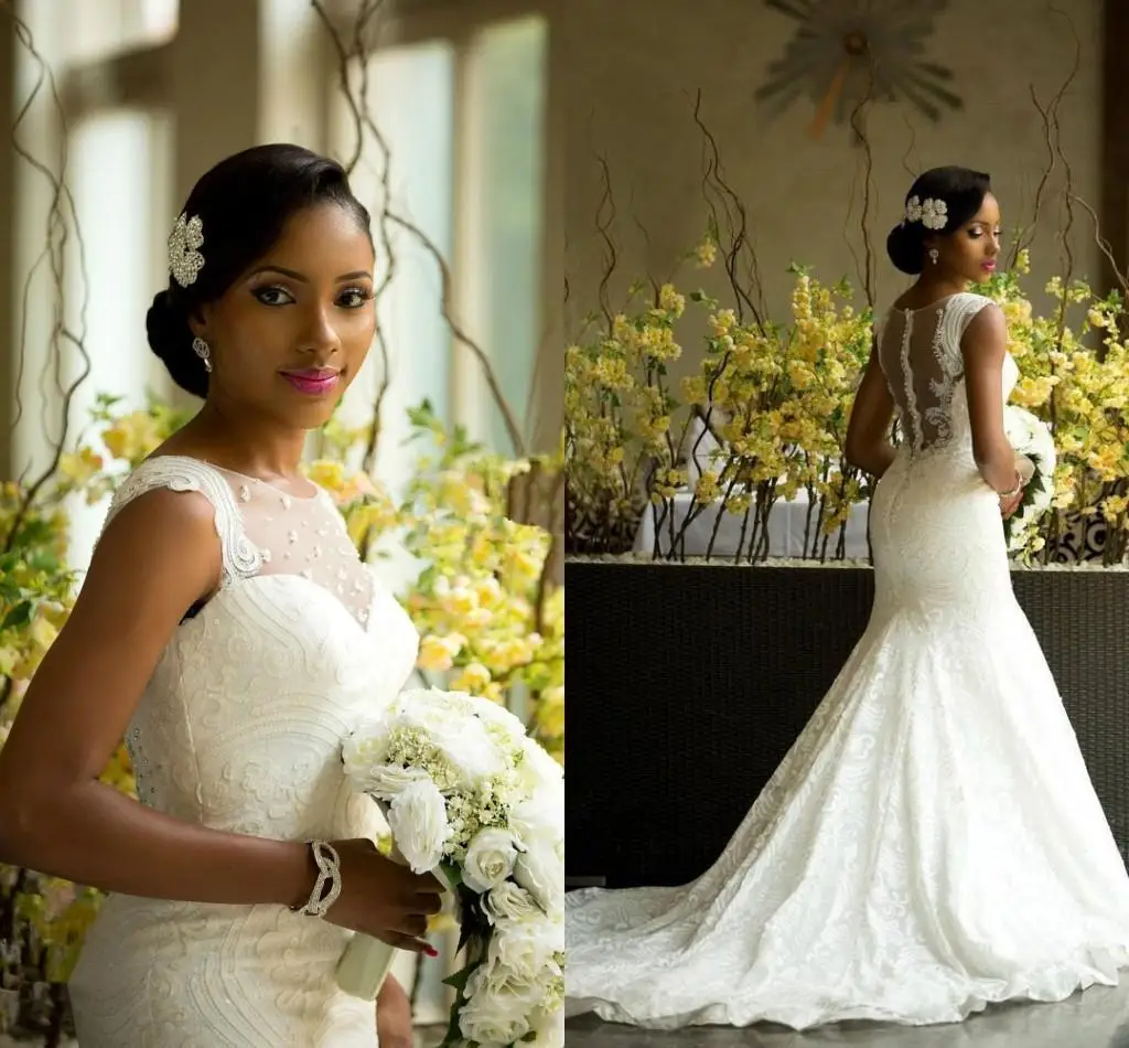 

African Style Lace Wedding Dresses Gowns Sheer Neck Back Covered Buttons Bridal Plus Size Sweep Train Newest