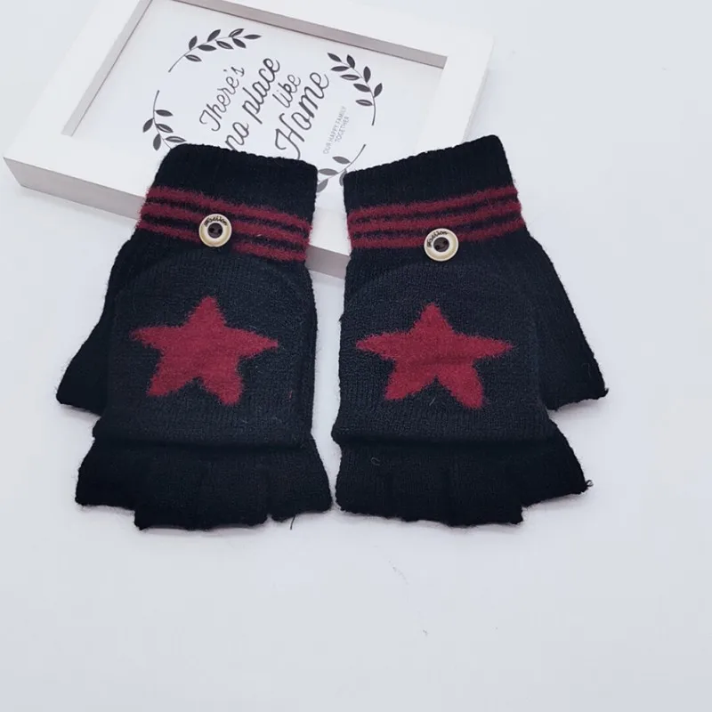 Girls Mittens Warm 8-14T Children Gloves Baby Winter Star Pattern Kids Versatile Cotton Knitted Boys Half-finger Gloves