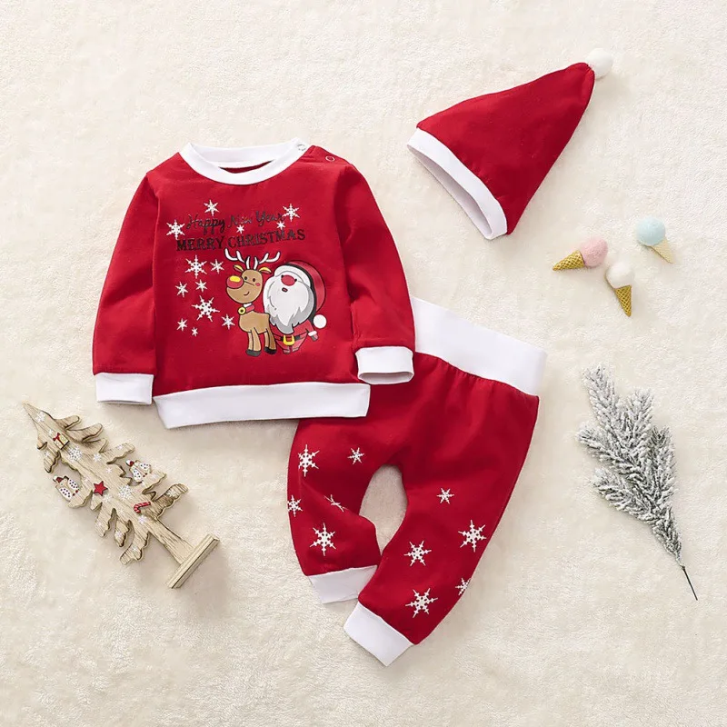 Осенняя одежда для малышей; Рождественская блузка для малышей с принтом из мультфильма; Топы+ штаны+ шапка; костюм с длинными рукавами для малышей