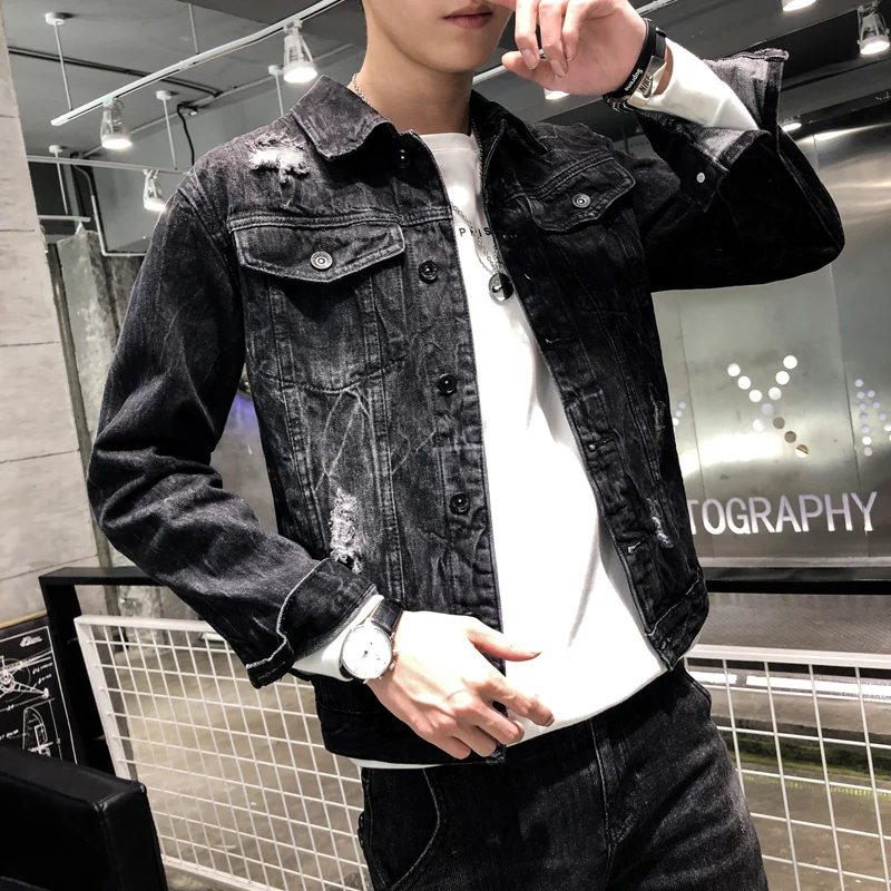Online Beiläufige Hip Hop Fashion Männer Denim Jacke Chamarra De Mezclilla Dama Adler Gedruckt Gebrochen Loch Perlen Adler Jeans Gold Bühne jacke