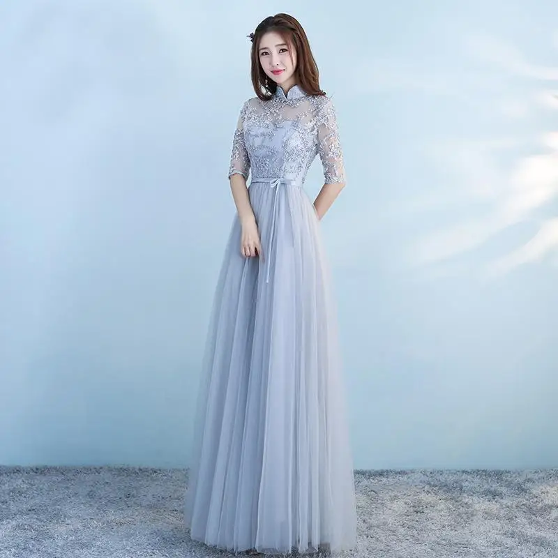 Серебристо-серое кружевное платье подружки невесты, длинное женское платье для свадебной вечеринки, элегантные вечерние платья с высоким воротом и рукавами на шнуровке, красивое платье - Цвет: style 4