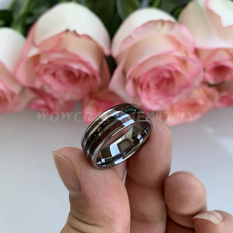 Новое поступление вольфрамовое кольцо опал для мужчин и женщин обручальное кольцо настоящий многоцветный Опаловый чип Koa деревянная инкрустация полированная блестящая удобная посадка