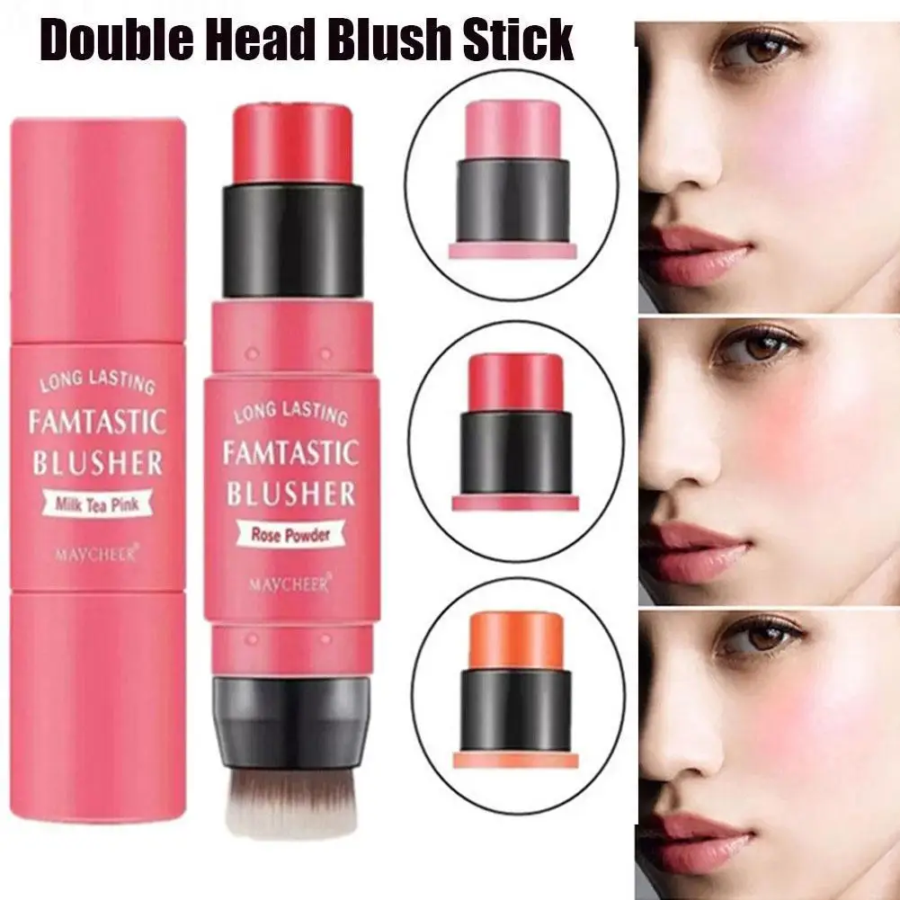 3 Colors Double-headed Blush With Brush Stick Face Moisturizing Brighten Powder Blusher Peach Orange Creamy Rouge Sticks Makeup blush stick
