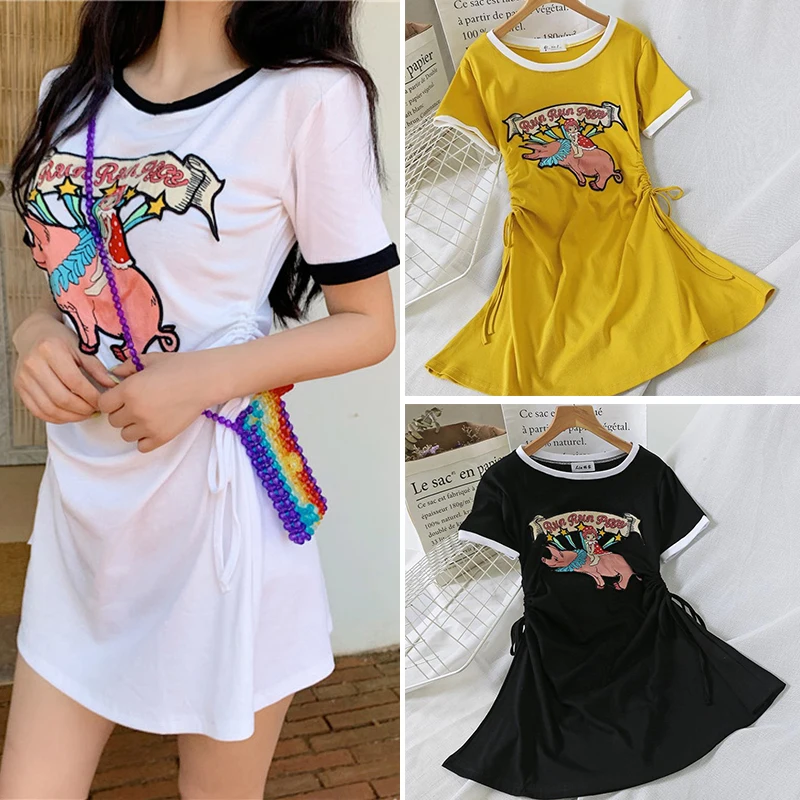 X летнее платье для женщин с круглым воротником и коротким рукавом vestidos тонкая талия патч мультфильм Свинья футболка свободные платья средней длины