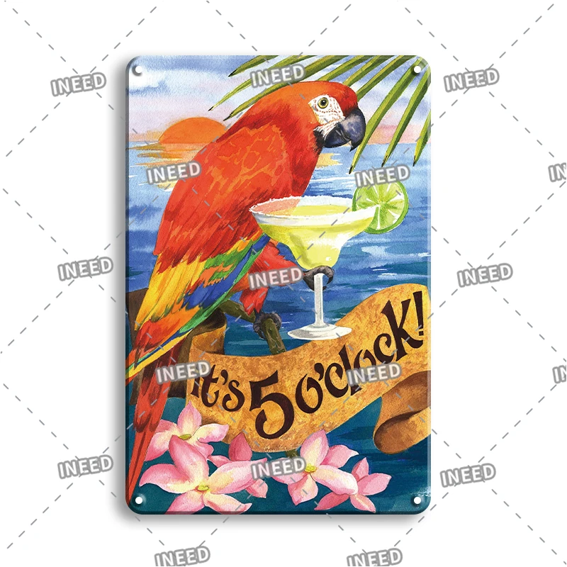 It`s Always 5 O`clock Somewhere Metal Painting Signs Parrot Cocktail Metal Plate Decoration Bar Beach Outdoor Hanging Signs