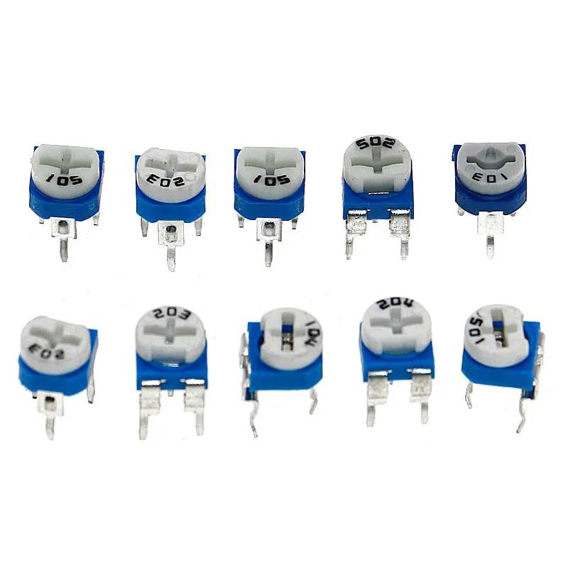 100Pcs 10 값 가변 저항기 500R 1M RM065 탄소 필름 수평 Trimpot 전위차계 분류 키트