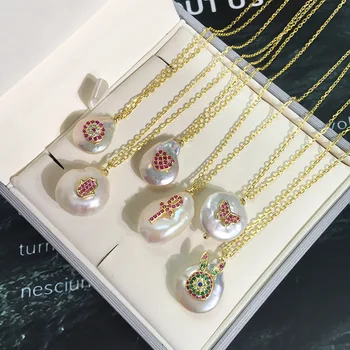 

26 Style Colorful CZ Stamp Original Irregular Pearl Pendant S925 Sterling Silver Chain Necklace for Women Baroque Jewelry