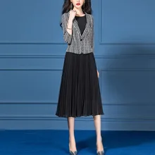 Elegant Formal Dress Suits Women 2 Piece Set Slim Fit Stripe Blazer Black Chiffon Pleated Long Dress Office Lady Work Clothes Blazer Elegant Formal Dress Suits Women 2 Piece Set Slim Fit Stripe Blazer Black Chiffon Pleated Long Dress Office Lady Work Clothes Blazer