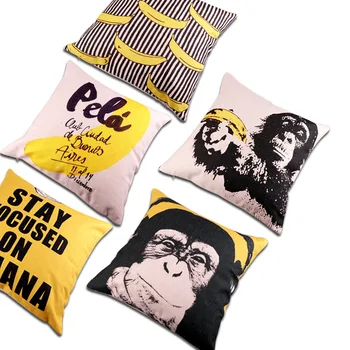 

New Style Fashion Cartoon Monkey Banana Cotton Linen Printed Pillow Thick Flax Car Sofa Cushion