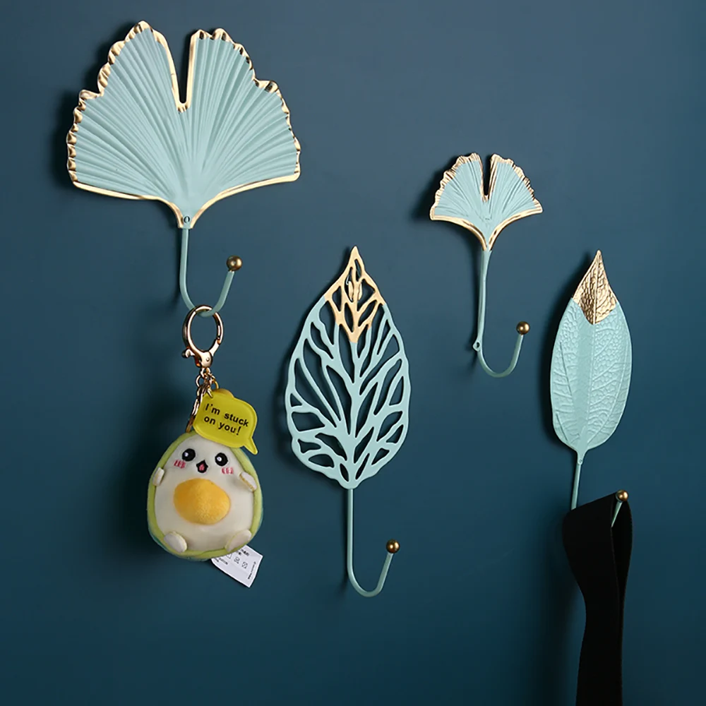 

Nordic Hook Purse Hook Creative blue Leaf Shape Coat Rack Wall Coat Key Hanger Does Not Punch Home Wall Hanging Decoration