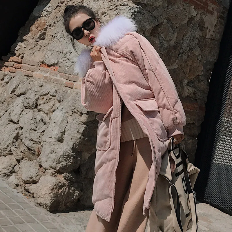 

2018 Winter Solid Color Commuting Hooded Zipper Long Sleeve Mid-length Straight-Cut Pocket with Fur Collar Cotton-padded Clothes
