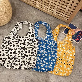 

High Capacity Handbags Tote Bag Flower Simple Corduroy Shoulder Cloth Shopper Bags Reusable Pouch Shopping Bag Foldable