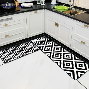 

SunnyRain 2-Piece Set Black and White Rug for Kitchen Geometric Kitchen Area Rug Slip Resistant Bathroom Rugs