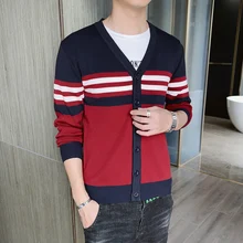 Осень Зима Новое поступление мужские модные свитера Полосатый дизайн кардиган с длинными рукавами