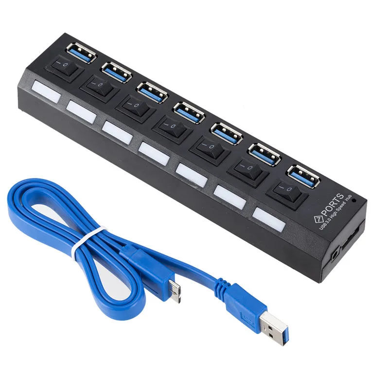 

USB 3.0 7 Port Hub Super Speed USB Splitter On/off Switch + 7 Port USB3.0 Hub Data Cable for MacBook Air Laptop PC